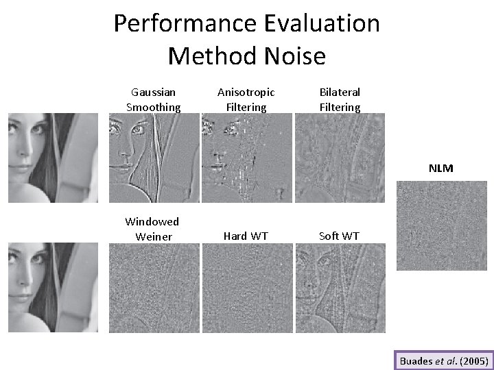 Performance Evaluation Method Noise Gaussian Smoothing Anisotropic Filtering Bilateral Filtering NLM Windowed Weiner Hard Performance Evaluation Method Noise Gaussian Smoothing Anisotropic Filtering Bilateral Filtering NLM Windowed Weiner Hard