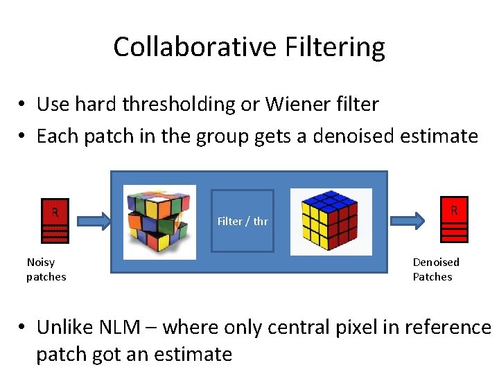 Collaborative Filtering • Use hard thresholding or Wiener filter • Each patch in the Collaborative Filtering • Use hard thresholding or Wiener filter • Each patch in the