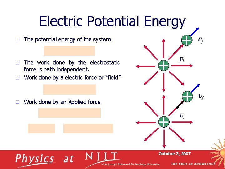 Electric Potential Energy q The potential energy of the system The work done by