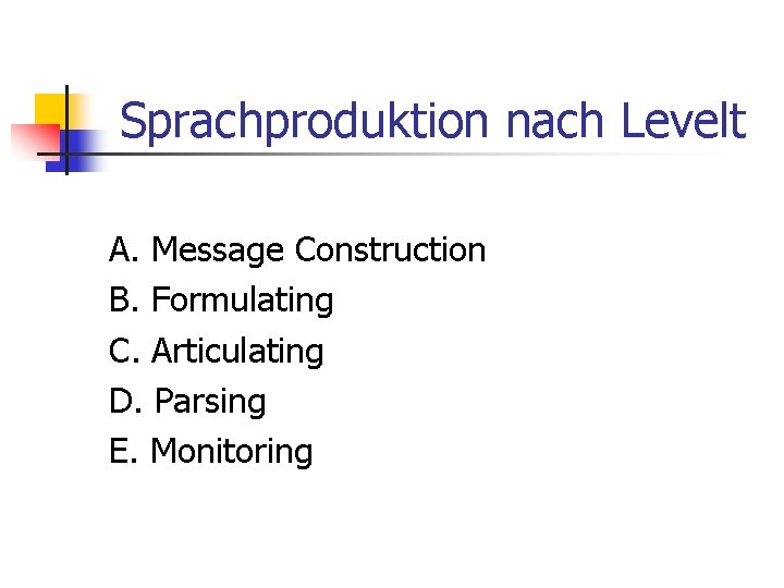 Sprachproduktion nach Levelt A. Message Construction B. Formulating C. Articulating D. Parsing E. Monitoring