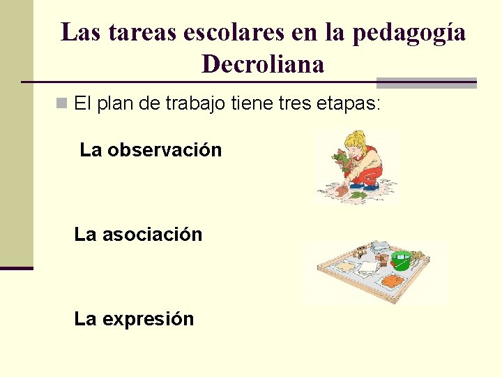 Las tareas escolares en la pedagogía Decroliana n El plan de trabajo tiene tres