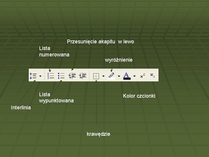 Przesunięcie akapitu w lewo Lista numerowana wyróżnienie Lista wypunktowana Kolor czcionki Interlinia krawędzie 