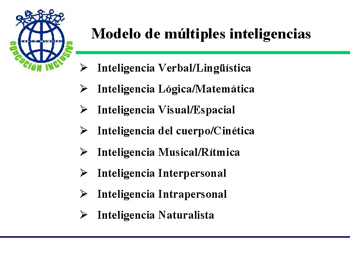 Modelo de múltiples inteligencias Ø Inteligencia Verbal/Lingüística Ø Inteligencia Lógica/Matemática Ø Inteligencia Visual/Espacial Ø