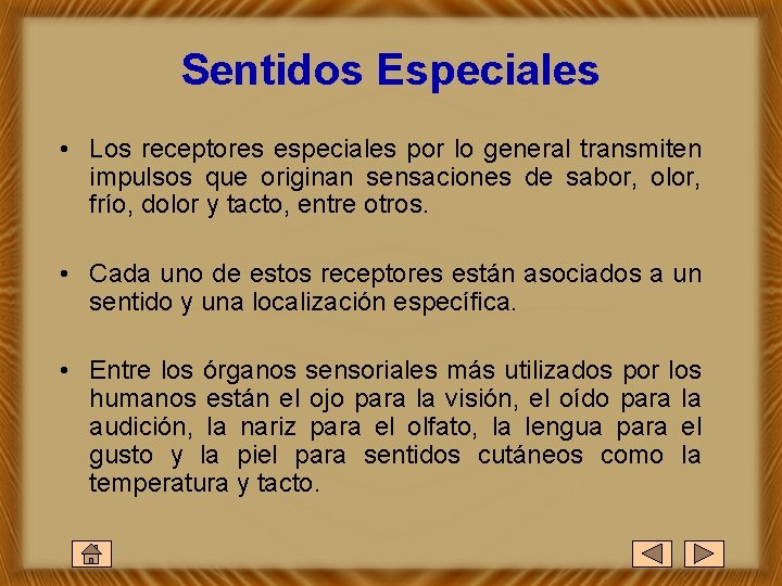 Sentidos Especiales • Los receptores especiales por lo general transmiten impulsos que originan sensaciones