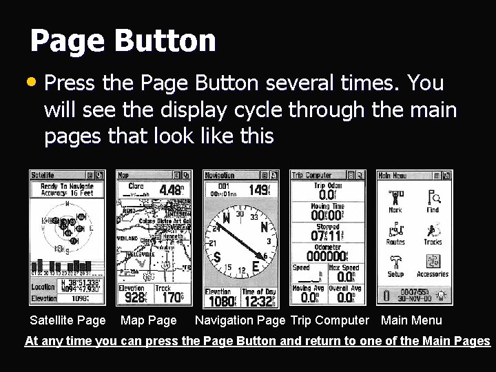Page Button • Press the Page Button several times. You will see the display Page Button • Press the Page Button several times. You will see the display