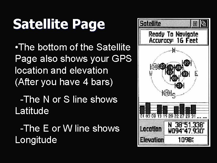 Satellite Page • The bottom of the Satellite Page also shows your GPS location Satellite Page • The bottom of the Satellite Page also shows your GPS location