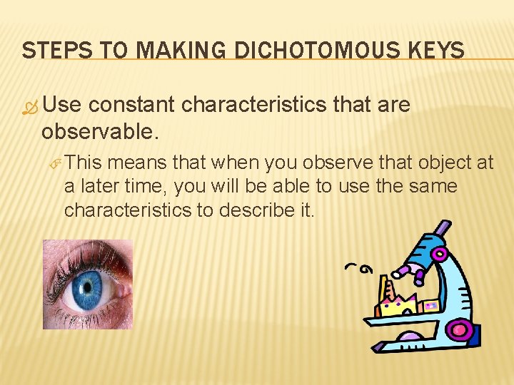 STEPS TO MAKING DICHOTOMOUS KEYS Use constant characteristics that are observable. This means that