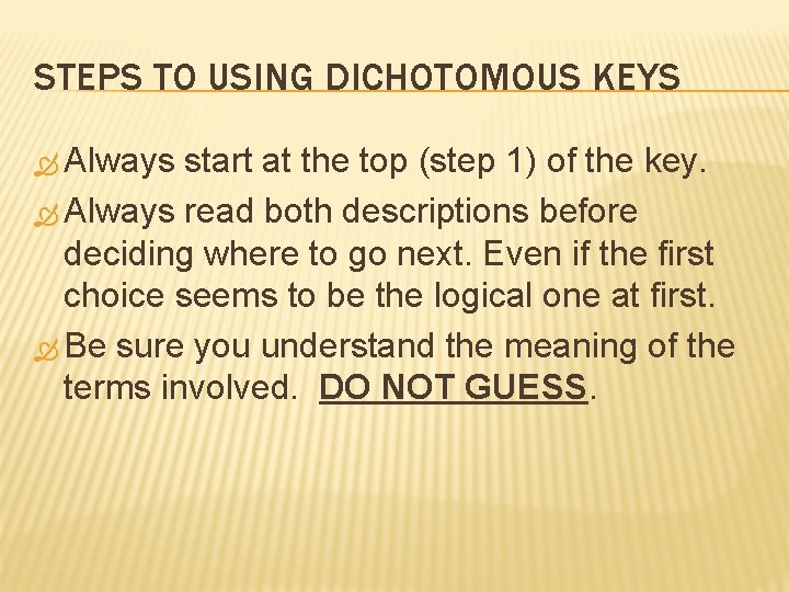 STEPS TO USING DICHOTOMOUS KEYS Always start at the top (step 1) of the
