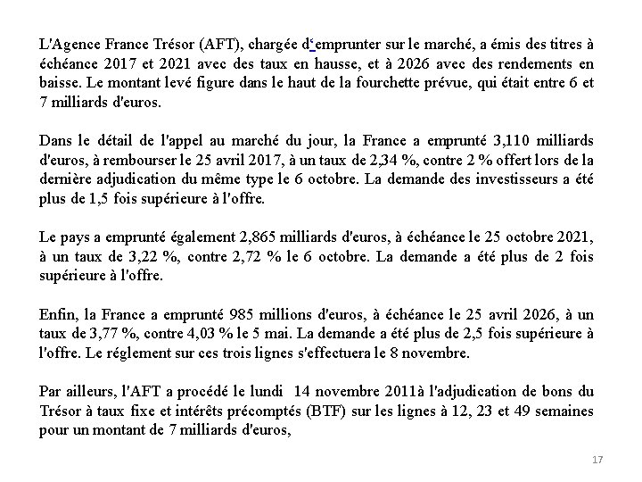 L'Agence France Trésor (AFT), chargée d‘emprunter sur le marché, a émis des titres à