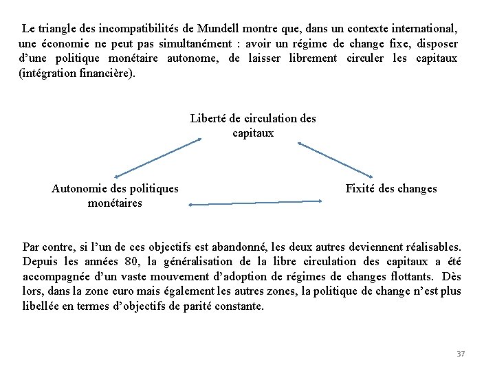  Le triangle des incompatibilités de Mundell montre que, dans un contexte international, une