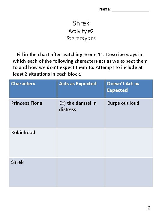 Name: _________ Shrek Activity #2 Stereotypes Fill in the chart after watching Scene 11.