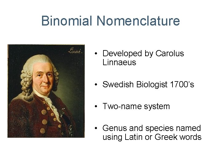 Binomial Nomenclature • Developed by Carolus Linnaeus • Swedish Biologist 1700’s • Two-name system