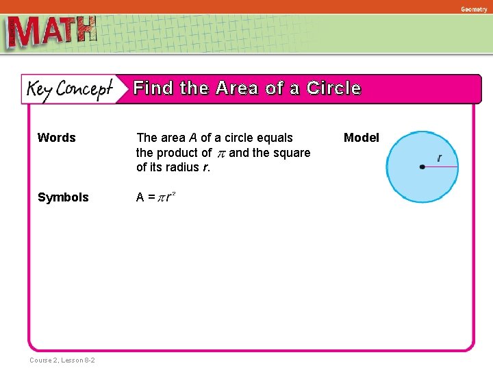 Geometry Find the Area of a Circle Words The area A of a circle