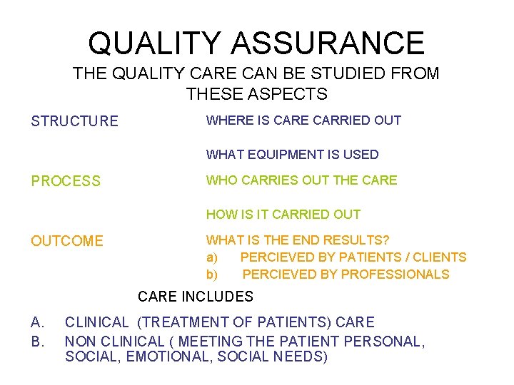 QUALITY ASSURANCE THE QUALITY CARE CAN BE STUDIED FROM THESE ASPECTS STRUCTURE WHERE IS