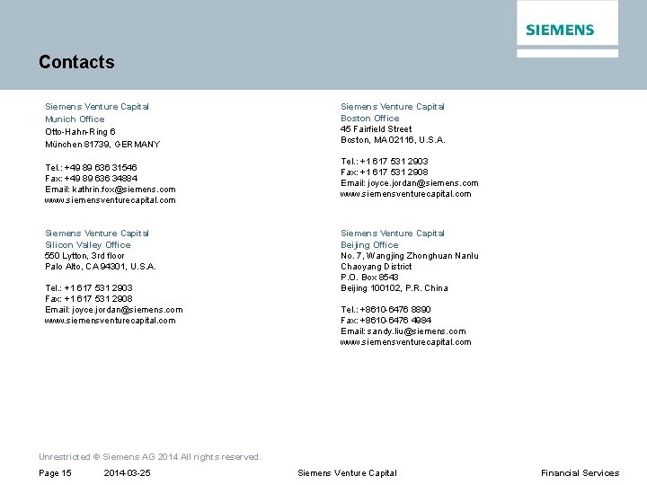 Contacts Siemens Venture Capital Munich Office Otto-Hahn-Ring 6 München 81739, GERMANY Tel. : +49