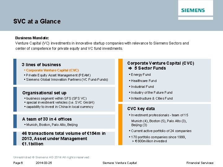 SVC at a Glance Business Mandate: Venture Capital (VC) investments in innovative startup companies