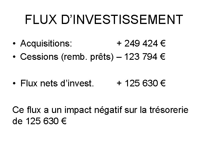 FLUX D’INVESTISSEMENT • Acquisitions: + 249 424 € • Cessions (remb. prêts) – 123