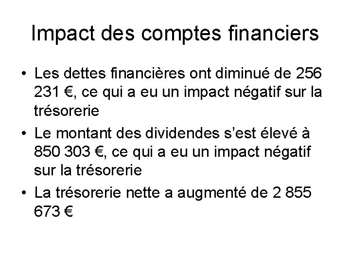 Impact des comptes financiers • Les dettes financières ont diminué de 256 231 €,
