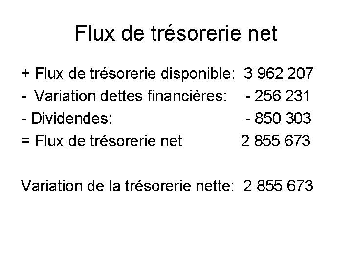 Flux de trésorerie net + Flux de trésorerie disponible: 3 962 207 - Variation