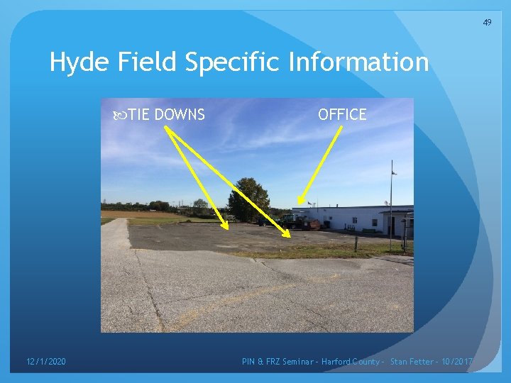 49 Hyde Field Specific Information TIE DOWNS 12/1/2020 OFFICE PIN & FRZ Seminar –