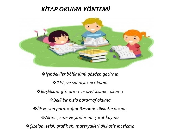 KİTAP OKUMA YÖNTEMİ vİçindekiler bölümünü gözden geçirme v. Giriş ve sonuçlarını okuma v. Başlıklara