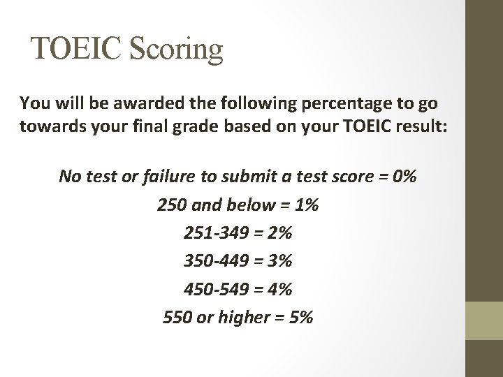 TOEIC Scoring You will be awarded the following percentage to go towards your final