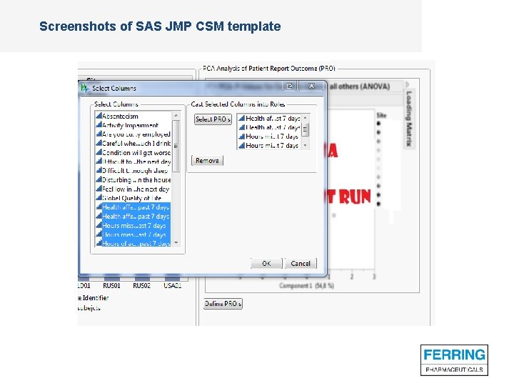 Screenshots of SAS JMP CSM template 