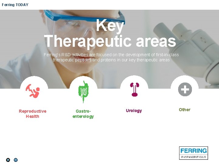 Ferring TODAY Key Therapeutic areas Ferring’s R&D activities are focused on the development of