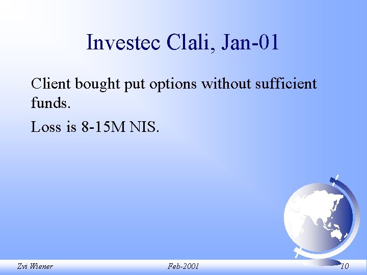 Investec Clali, Jan-01 Client bought put options without sufficient funds. Loss is 8 -15 Investec Clali, Jan-01 Client bought put options without sufficient funds. Loss is 8 -15