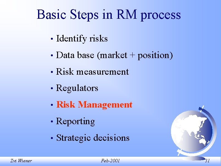 Basic Steps in RM process Zvi Wiener • Identify risks • Data base (market Basic Steps in RM process Zvi Wiener • Identify risks • Data base (market