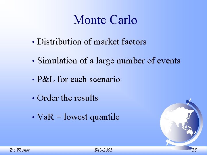 Monte Carlo Zvi Wiener • Distribution of market factors • Simulation of a large Monte Carlo Zvi Wiener • Distribution of market factors • Simulation of a large