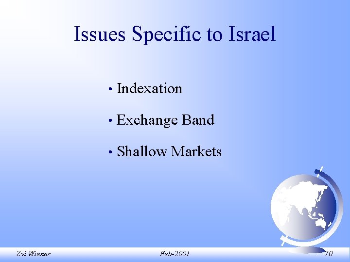 Issues Specific to Israel Zvi Wiener • Indexation • Exchange Band • Shallow Markets Issues Specific to Israel Zvi Wiener • Indexation • Exchange Band • Shallow Markets