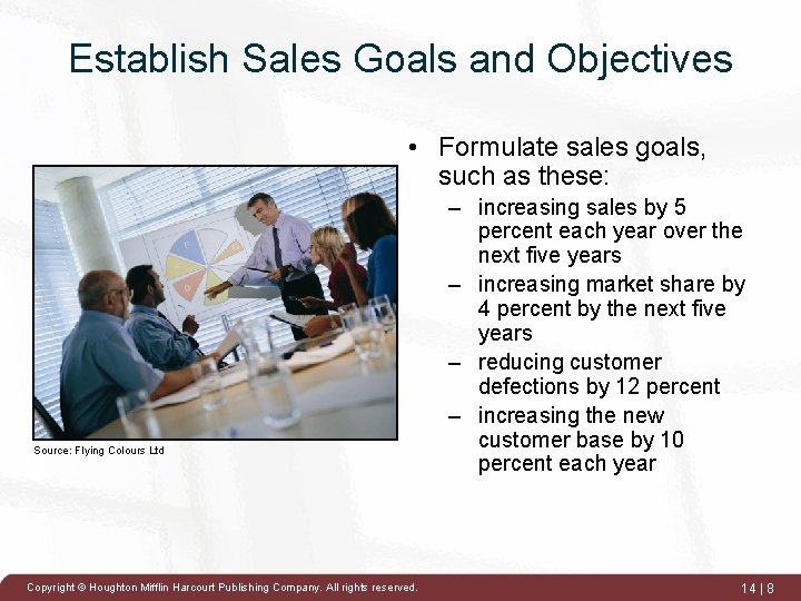 Establish Sales Goals and Objectives • Formulate sales goals, such as these: Source: Flying