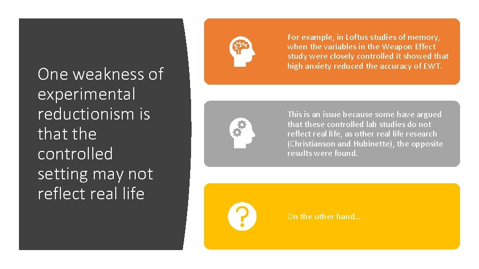 One weakness of experimental reductionism is that the controlled setting may not reflect real One weakness of experimental reductionism is that the controlled setting may not reflect real