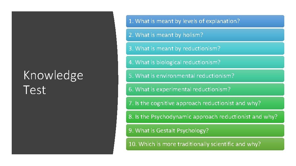 1. What is meant by levels of explanation? 2. What is meant by holism? 1. What is meant by levels of explanation? 2. What is meant by holism?