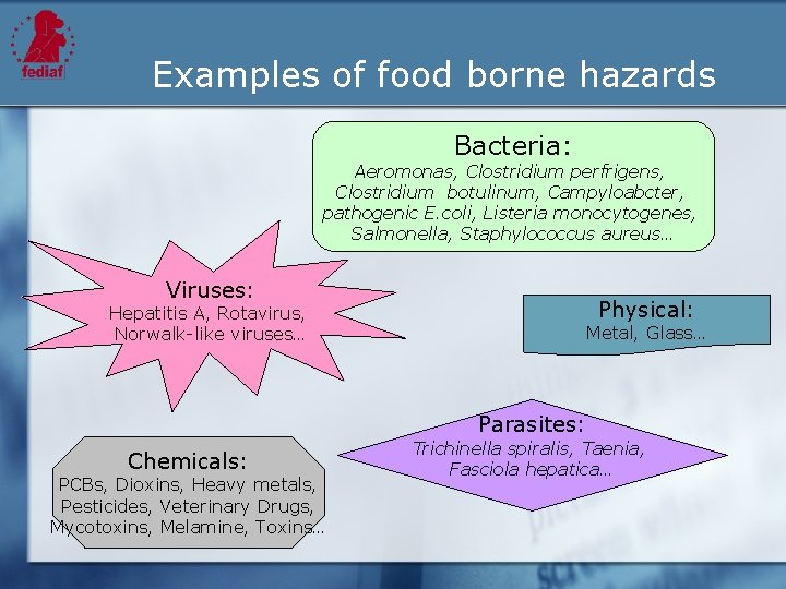 Examples of food borne hazards Bacteria: Aeromonas, Clostridium perfrigens, Clostridium botulinum, Campyloabcter, pathogenic E.