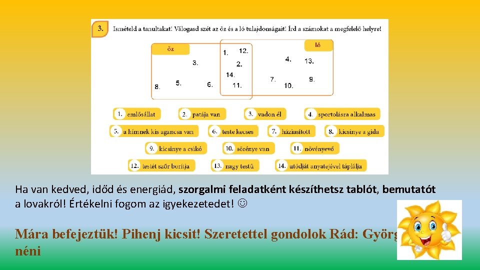 Ha van kedved, időd és energiád, szorgalmi feladatként készíthetsz tablót, bemutatót a lovakról! Értékelni