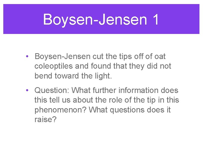 Boysen-Jensen 1 • Boysen-Jensen cut the tips off of oat coleoptiles and found that Boysen-Jensen 1 • Boysen-Jensen cut the tips off of oat coleoptiles and found that