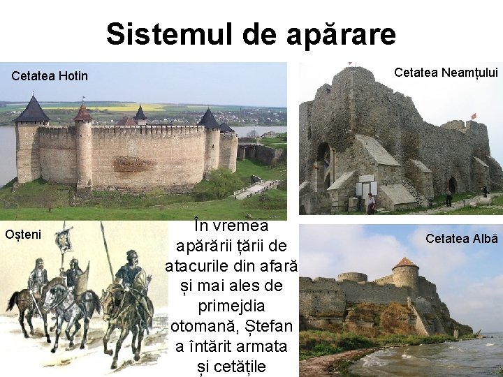 Sistemul de apărare Cetatea Neamțului Cetatea Hotin Oșteni În vremea apărării țării de atacurile