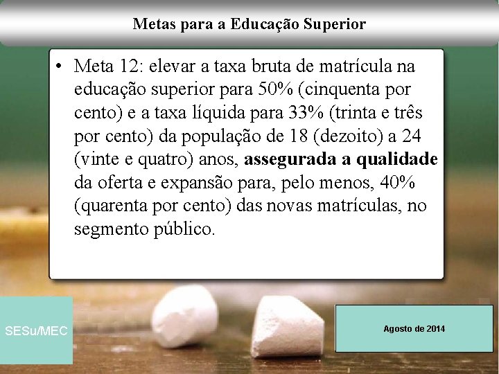 Metas para a Educação Superior • Meta 12: elevar a taxa bruta de matrícula