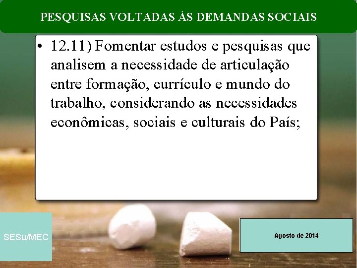 PESQUISAS VOLTADAS ÀS DEMANDAS SOCIAIS • 12. 11) Fomentar estudos e pesquisas que analisem