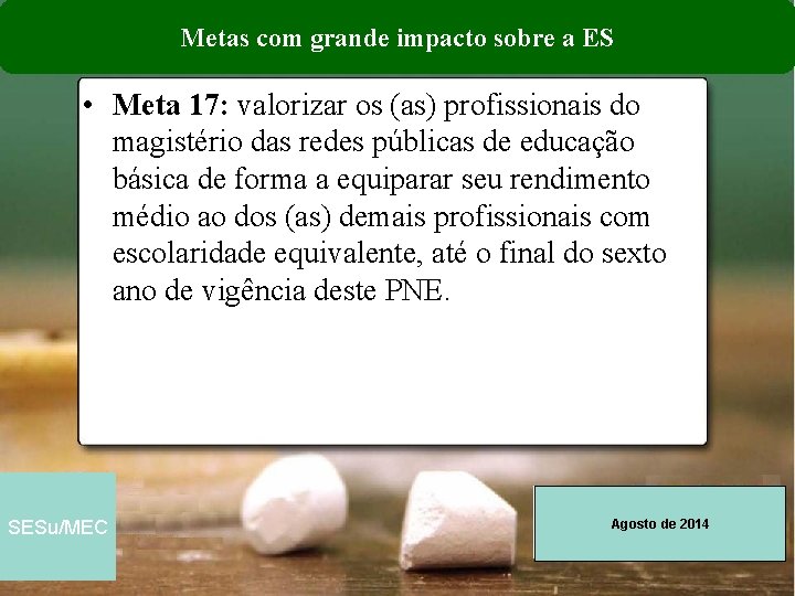 Metas com grande impacto sobre a ES • Meta 17: valorizar os (as) profissionais