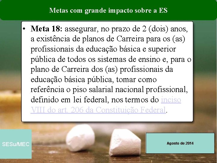 Metas com grande impacto sobre a ES • Meta 18: assegurar, no prazo de