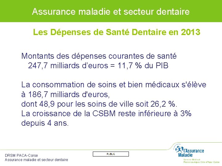 Assurance maladie et secteur dentaire Les Dépenses de Santé Dentaire en 2013 Montants des