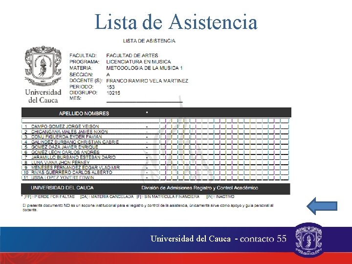 Lista de Asistencia Universidad del Cauca - 