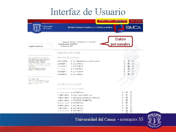 Interfaz de Usuario Datos personales Universidad del Cauca - . 