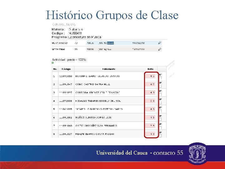 Histórico Grupos de Clase Universidad del Cauca - . 