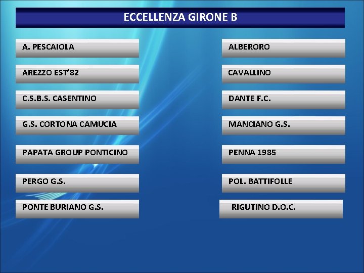 ECCELLENZA GIRONE B A. PESCAIOLA ALBERORO AREZZO EST’ 82 CAVALLINO C. S. B. S.