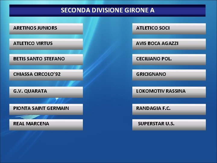 SECONDA DIVISIONE GIRONE A ARETINOS JUNIORS ATLETICO SOCI ATLETICO VIRTUS AVIS BOCA AGAZZI BETIS