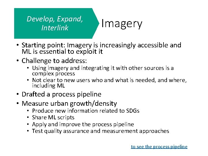 Develop, Expand, Interlink Imagery • Starting point: Imagery is increasingly accessible and ML is